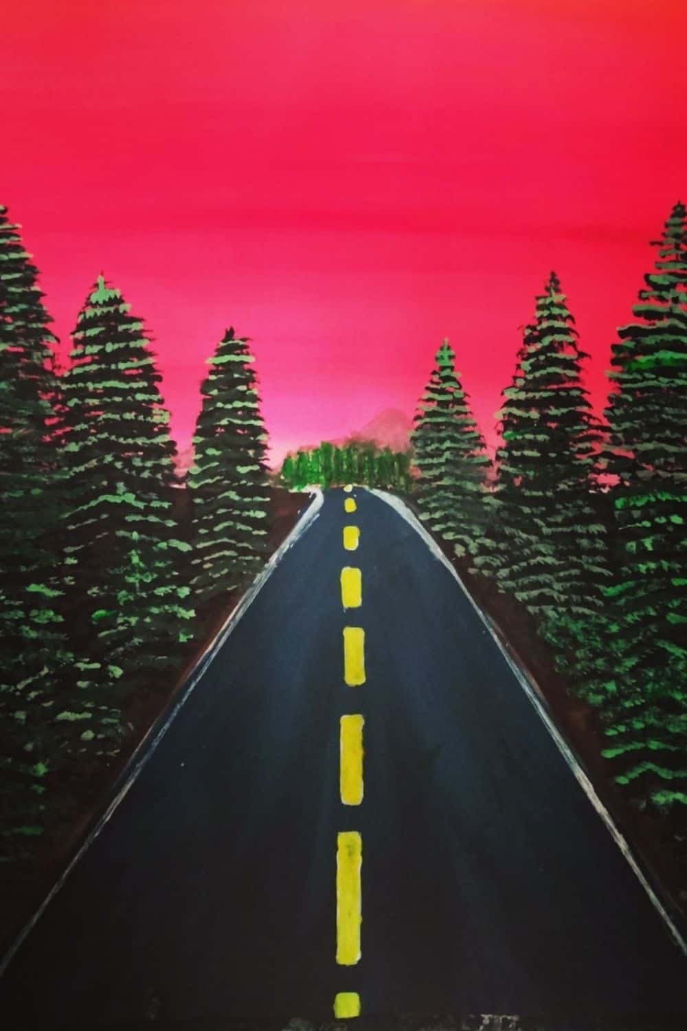 Water Color Painting of Highway with Pine Trees Cool  Fun